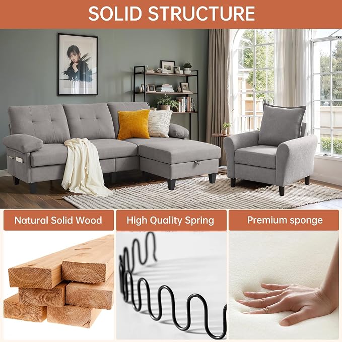2PCS Sectional Sofa Set with Ottoman, Modern Linen 4 Seater Couch Set with Side - Image 4
