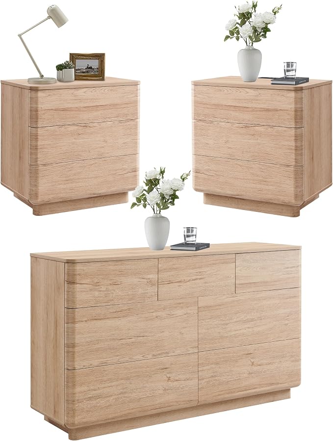 ACCOHOHO 3 Piece Bedroom Furniture Set, 7 Drawer Dresser & Two 22" Nightstands by ACCOHOHO