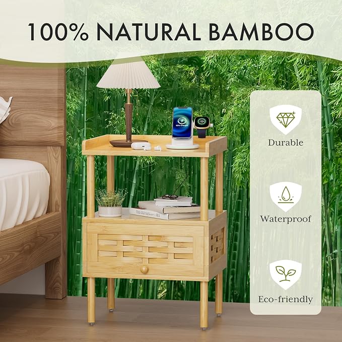 Amazer Nightstand with Charging Station, Bedside Table Bamboo with USB Ports & - Image 3
