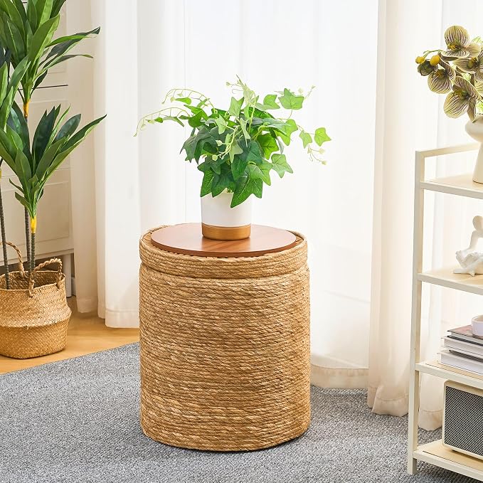 Wimarsbon Round Pouf Ottomans, Handwoven Natural Water Hyacinth Seagrass Pouffe - Image 5