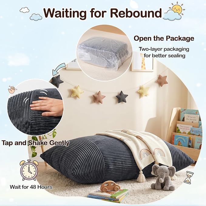 BRINJOY 3 in 1 Kids Bean Bag Chair Bed, Memory Foam Filled Floor Bed Bean Bag - Image 7