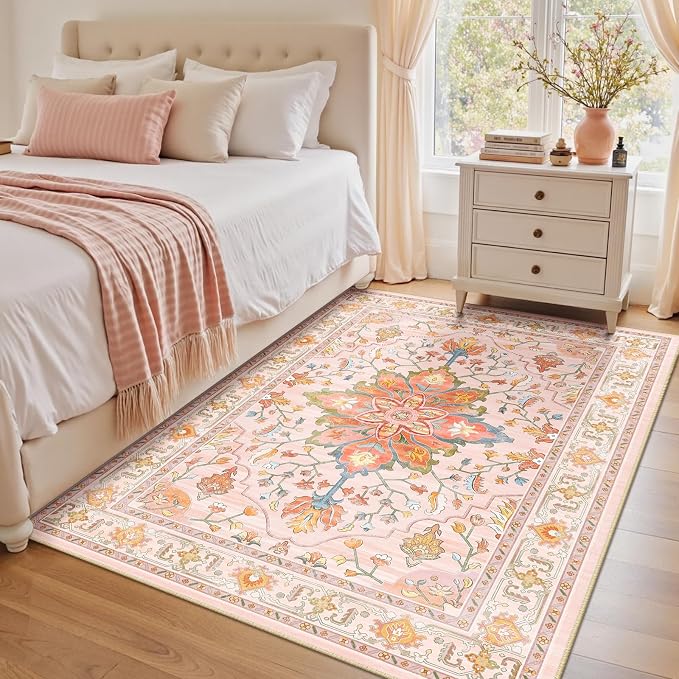 RELEANY Area Rugs 4'x5' Washable Non-Slip, Floral Vintage Distress Print - Image 2