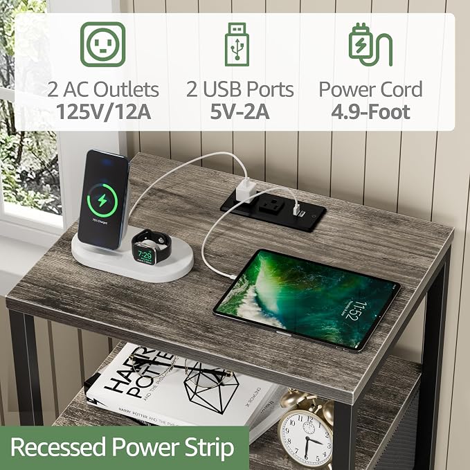 BOLUO Gray Nightstand with Charging Station, LED Night Stand with 2 Fabric - Image 4
