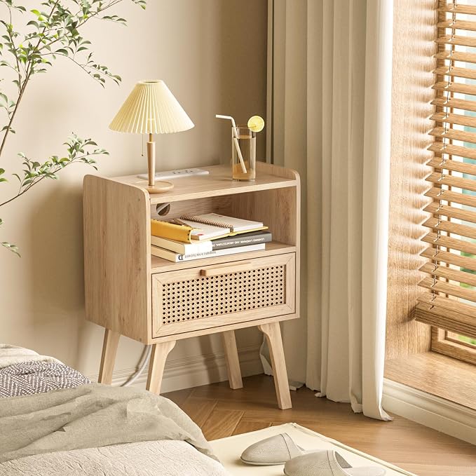 Lerliuo Rattan Nightstand with Charging Station, Boho Night Stand with Handmade - Image 7