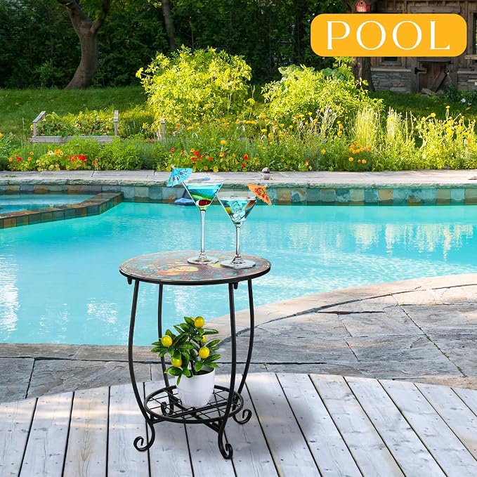 Cinnvoice Outdoor Side Table Round Small Mosaic Patio Accent Indoor End Plant - Image 6