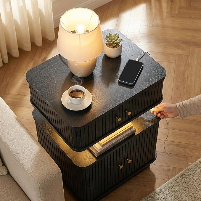LED Nightstand Set of 2, Fluted Night Stand - Image 5
