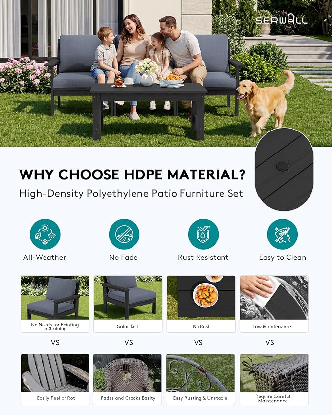 SERWALL HDPE Patio Sofa Set, 4-piece Sectional Outdoor Furniture Set, All - Image 3