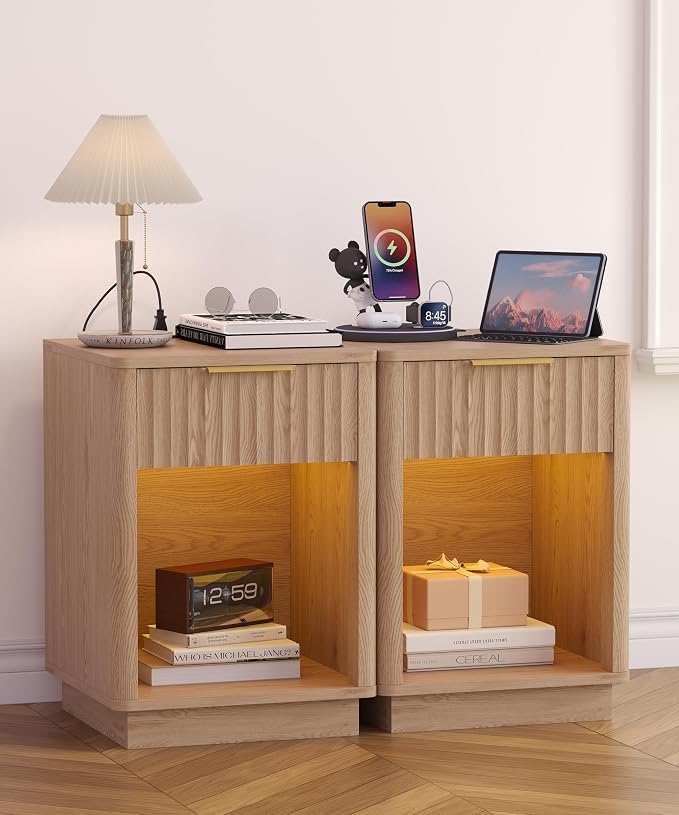 Akxomel Fluted Nightstands Set of 2, Wooden Night Stand - Image 2