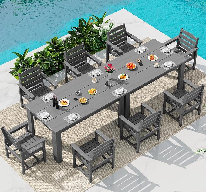 SERWALL HDPE Dining Set for 8: 2 Umbrella Hole Tables + 8 Chairs. Includes 8 by SERWALL