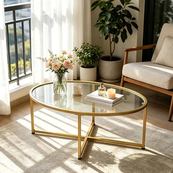 Wolawu Coffee Table Gold Oval Glass Coffee Tables - Image 5