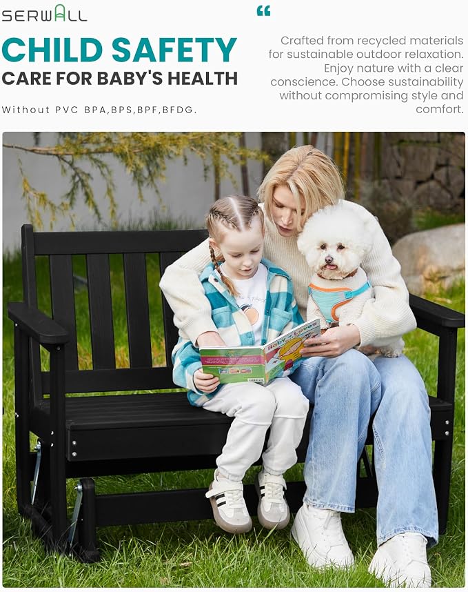 SERWALL 2 Person Patio Glider Bench, HDPE Material Weather-Resistant Swinging - Image 3