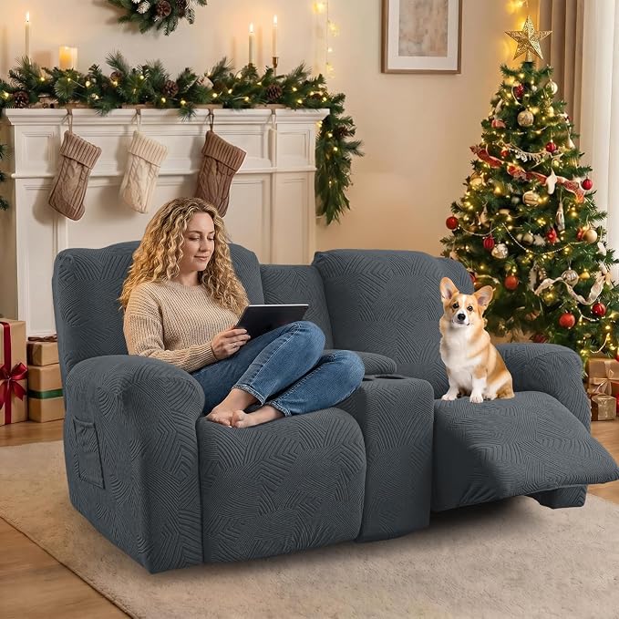 Recliner Loveseat Covers with Console, 6-Piece Stretch Geometric Strokes - Image 5