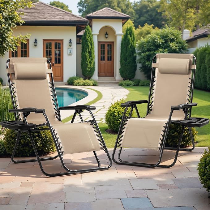 Devoko Set of 2 Zero Gravity Lounge Chairs, Outdoor Folding Adjustable Steel - Image 2