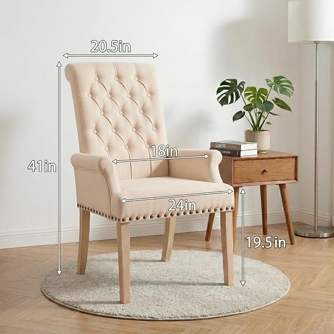 Modern Backrest Cushioned Dining Chair, Button Decorated Armrest Linen Chair - Image 2