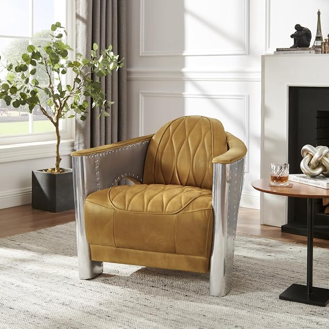 Art Leon Genuine Leather Chair, Mid Century Industrial Accent Arm Chair - Image 5