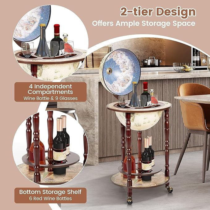 MEDIMALL Wood Globe Bar Liquor Cabinet, 16th Century Italian Replica Bar Stand - Image 5