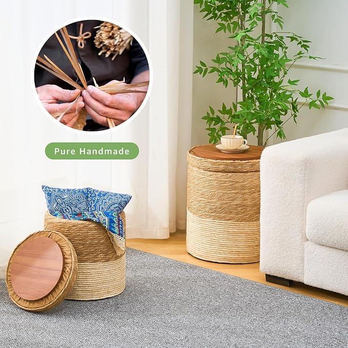 Wimarsbon Round Pouf Ottomans, Handwoven Natural Water Hyacinth Seagrass Pouffe - Image 4