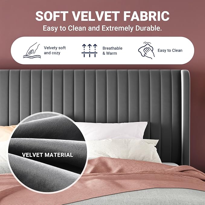 Allewie Queen Size Velvet Bed Frame/Vertical Channel Tufted Wingback - Image 6