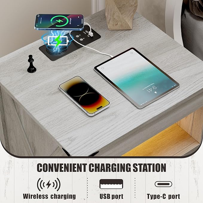 Farmhouse Night Stand with Gun Drawer, Bedside Table with Charger Station - Image 5