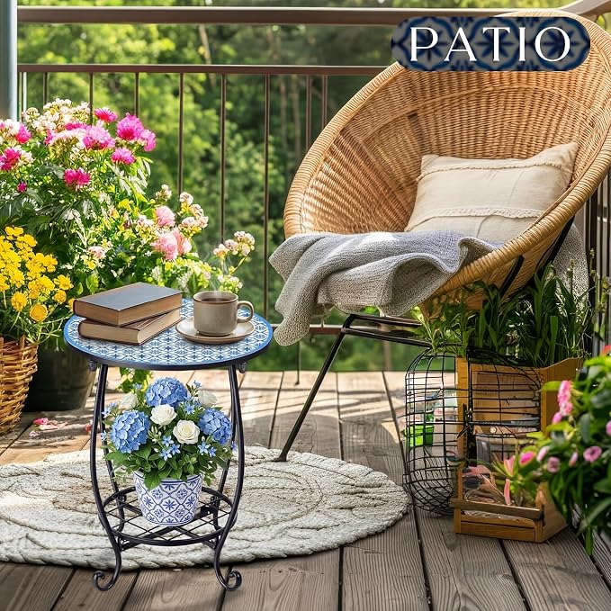 Cinnvoice Outdoor Side Table Round Small Mosaic Patio Accent Indoor End Plant - Image 2