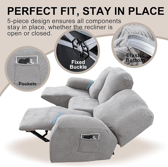 5-Piece Recliner Sofa Covers, Stretch Geometric Strokes Jacquard Recliner Sofa - Image 4