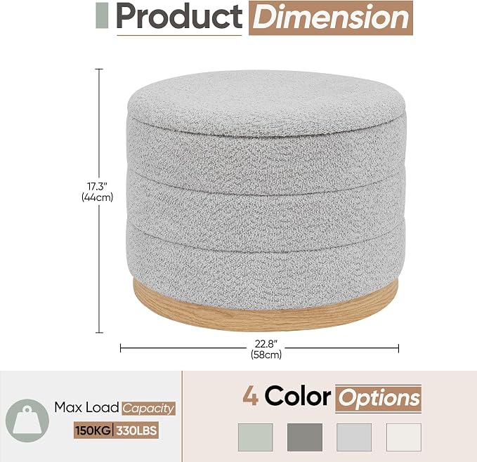 Round Storage Ottoman with Tray Lid, Folding Chenille Fabric Footrest with - Image 3