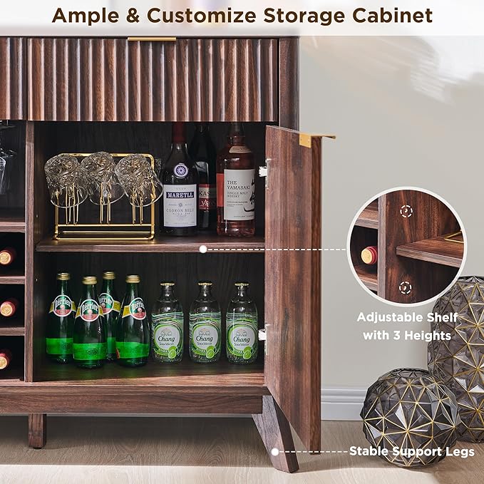 OKD Fluted Wine Bar Cabinet, 3 Drawers, 4 Glass Holders & 12 Wine Racks - Image 6
