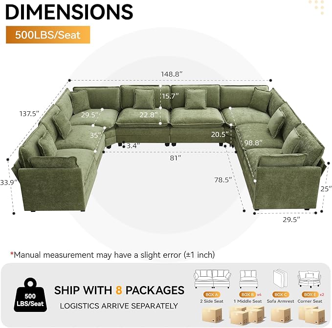 147'' Oversized U Shaped Cloud Sectional Sofa, Chenille Deep Seat Couches - Image 2