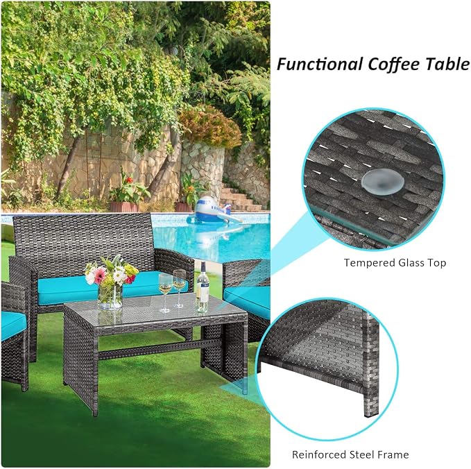 Tangkula 4 PCS Wicker Patio Conversation Set, Outdoor Rattan Sofas - Image 7