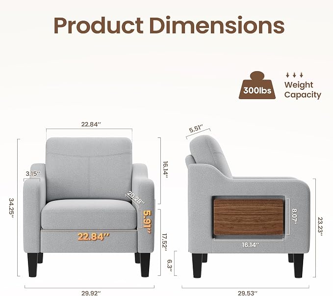 Accent Chair for Living Room Modern Linen Upholstered Armchair Side Wooden - Image 3
