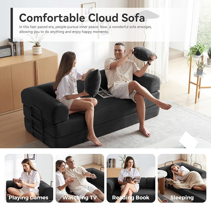 Convertible Sleeper Bed with 2 Cylindrical Pillow, Comfy Foldable Bed - Image 11