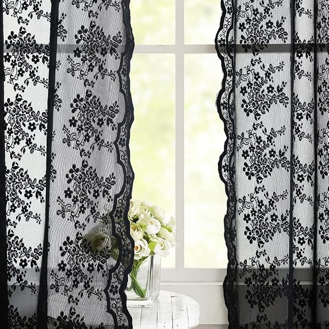 YJ YANJUN Vintage Lace Curtains 72 inch Length Goth Black Floral Sheer - Image 5