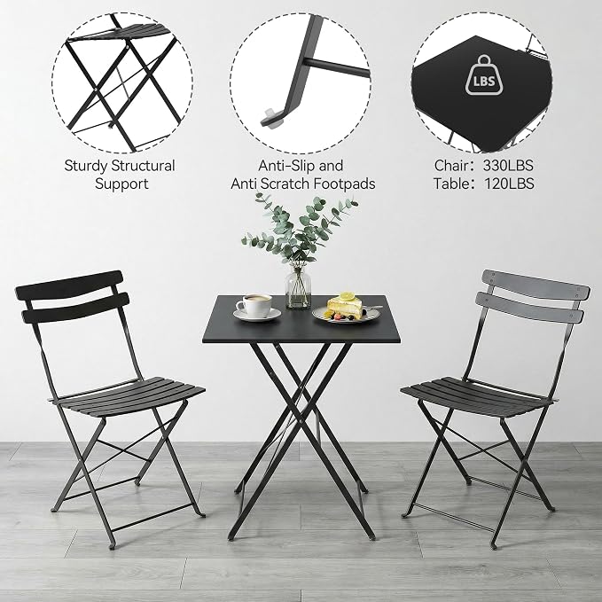 GarveeLife 3 Piece Patio Bistro Set, Folding Patio Bistro Table and Chairs Set - Image 6