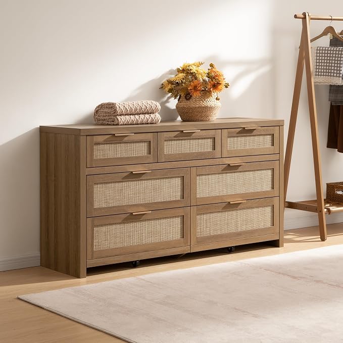 SICOTAS 7 Drawer Dressers for Bedroom Set 2, Long Rattan Dresser, Dresser TV - Image 7