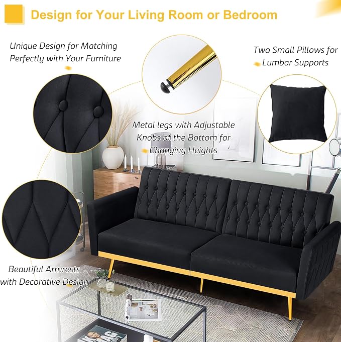 70” Velvet Futon Sofa Bed with 2 Pillows and Adjustable Armrests, Convertible - Image 5