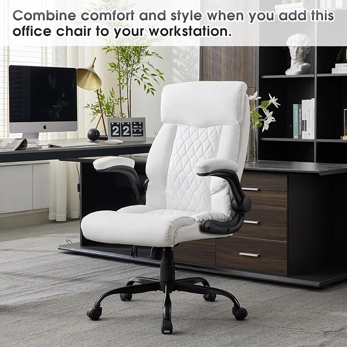 High Back Office Chair with Flip-up Armrests, Leather Comfy Desk Chair with - Image 3