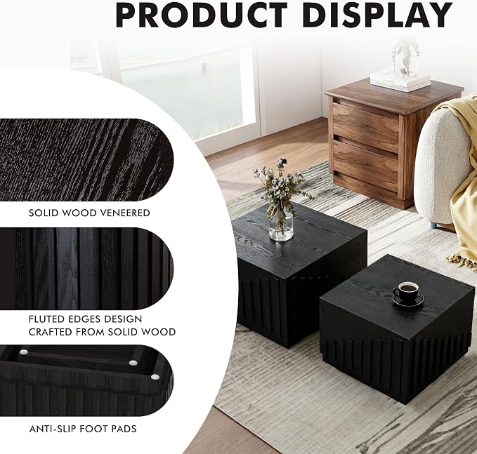 Black Nesting Tables for Living Room, Square Nesting Coffee Table Farmhouse - Image 3
