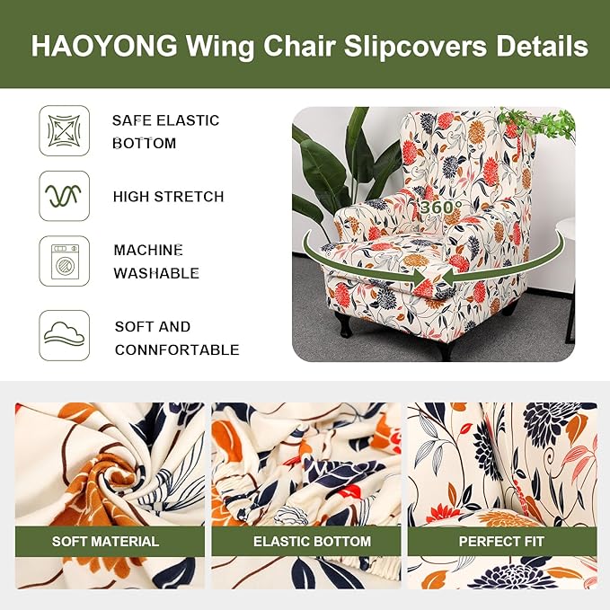 HAOYONG Wing Chair Slipcovers Printed Wingback Chair Covers 2 Pieces Wingback - Image 4