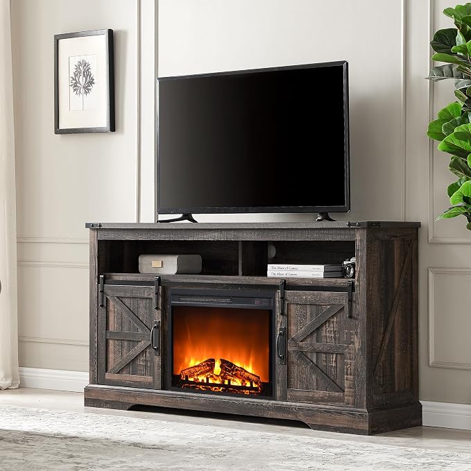 OKD Fireplace TV Stand for 65+ Inch TV, Rustic Media Console w/Sliding Barn - Image 7