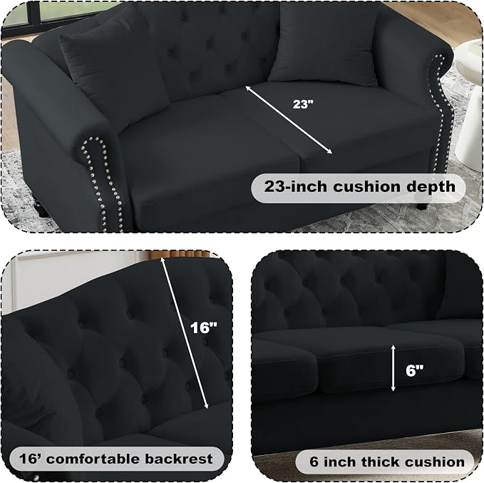 57" Chesterfield Black Velvet 2-Seater Sofa - Image 4