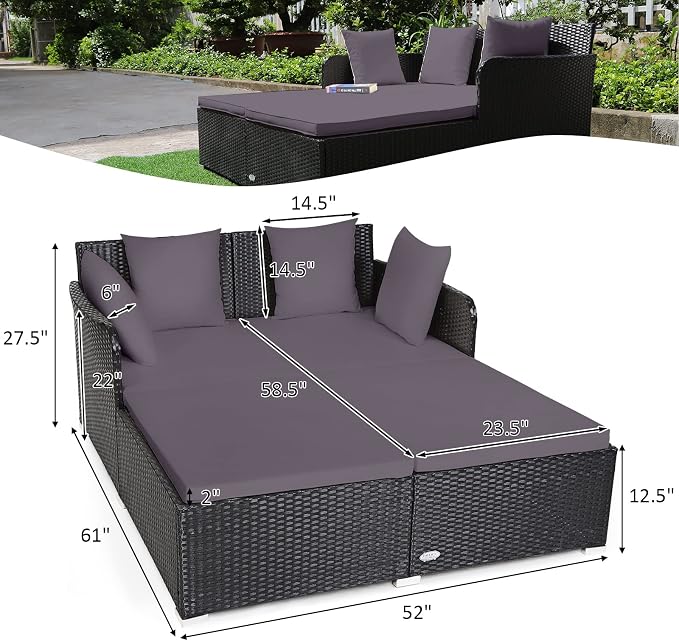 COSTWAY Outdoor Patio Rattan Daybed, Sponge Cushioned Loveseat Sofa - Image 3