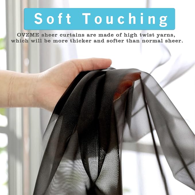 OVZME 2 Panels Sheer Black Curtains 54 Inches Length Window Treatment - Image 2