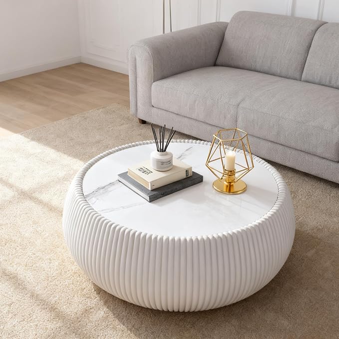 SSLine Round Drum Coffee Table Modern Sintered Stone Top Coffee Table in Cream - Image 5