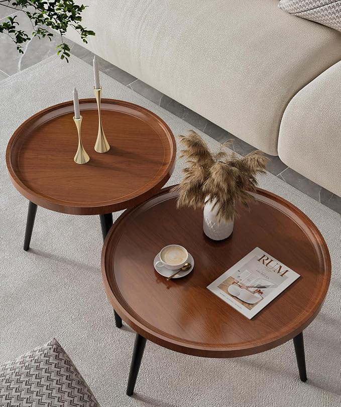 2-Piece Walnut Coffee Table, Durable Mid Century Small Round Coffee Tables by Home
