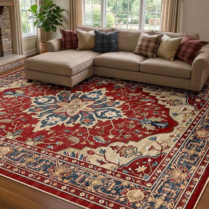 RELEANY Area Rugs 8'x10' Washable Non-Slip, Floral Vintage Distress Print by RELEANY