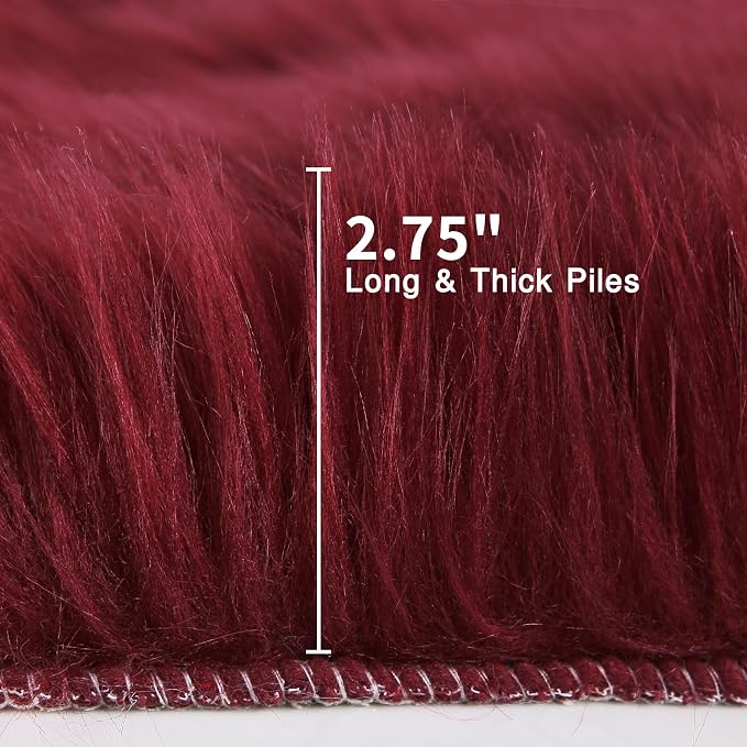 duduta Burgundy Sheepskin Throw Rug 2x3 ft, Fluffy Shag Faux Fur Seat Chair - Image 2