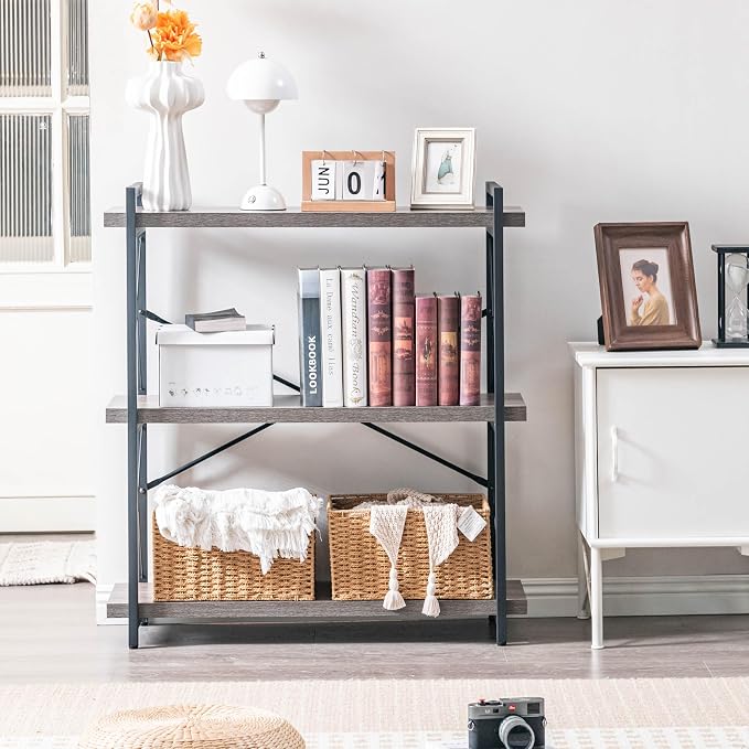 HCHQHS Bookshelf, 3-Tier Industrial Bookcase, Rustic Open Book Shelf, - Image 6