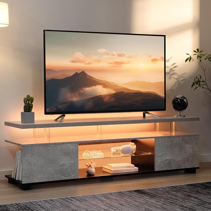 Cubehom Grey TV Stands for Living Room, Glass TV Stand, LED TV Stand for 75+ by Cubehom