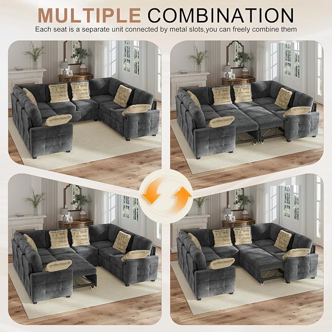 Hanherry Sectional Couch with Pull Out Sofa Bed, Chenille Sleeper Sofa with 2 - Image 7