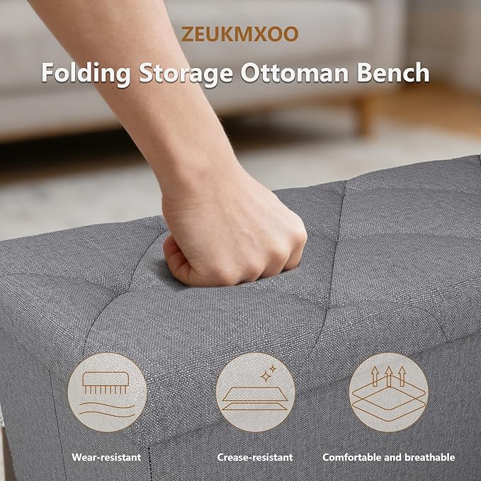 30W Folding Ottoman with Storage Bench, Storage Ottoman Bench, 15W Inches - Image 5